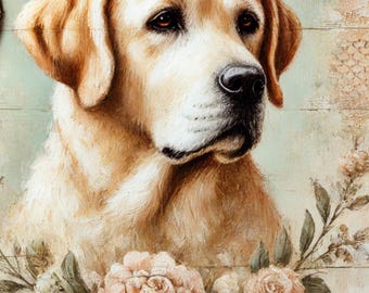 Papel de arroz Labrador and Roses para decoupage: Hoja de manualidades tamaño A4