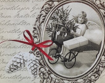 Servilletas de papel navideñas vintage con diseño de ángeles: ideales para decoupage, collage y manualidades (paquete de 4).