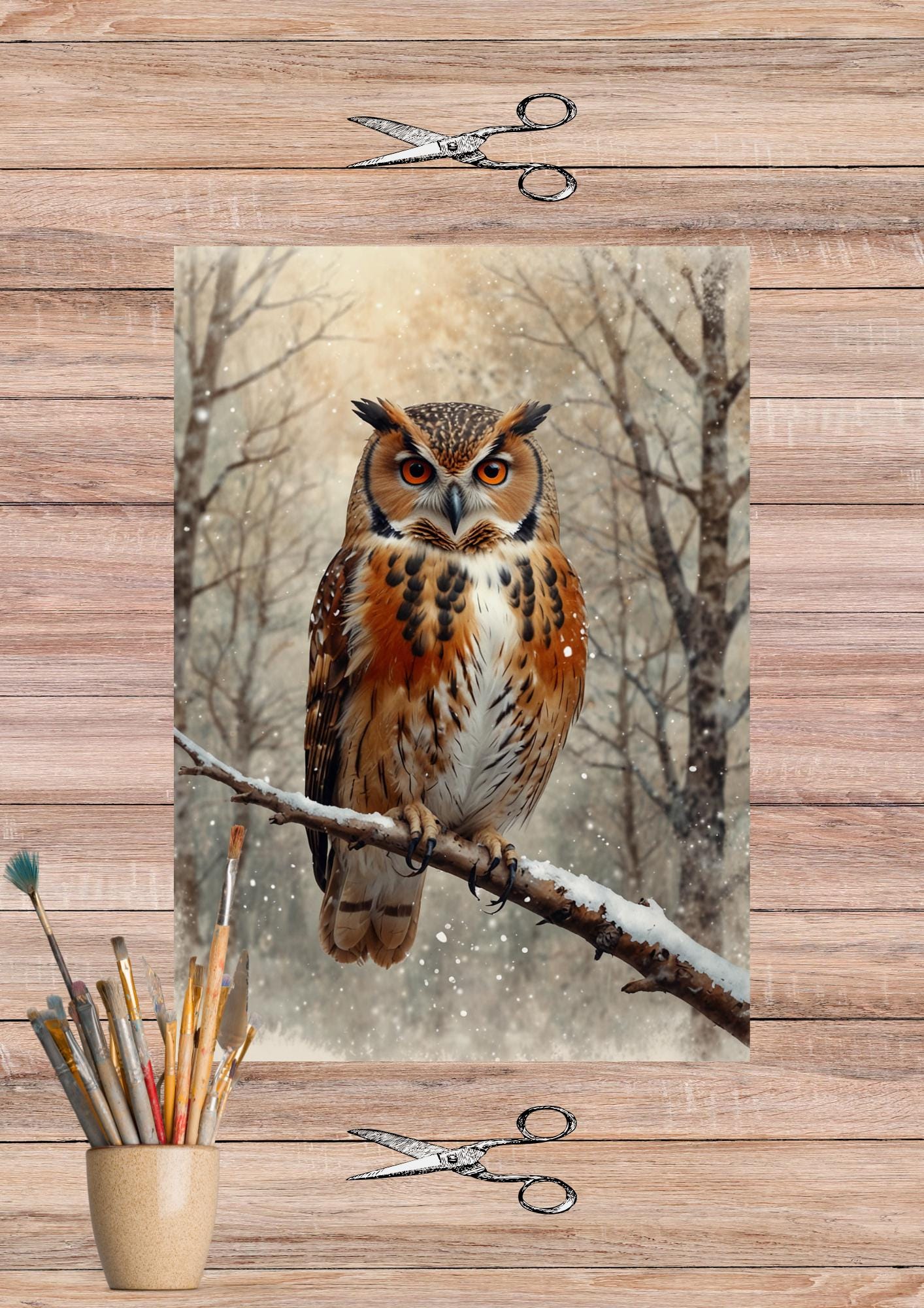 Majestic Owl on the Branch Rice Paper for Decoupage - Winter Eagle Owl Craft Sheet - 5352
