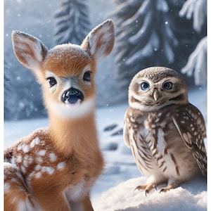 Reispapier für Decoupage Basteln Scrapbooking Collage - Kleines Reh & Eule - Winterlandschaft - Dekoratives Maulbeerpapier 1A4 Bogen NEU
