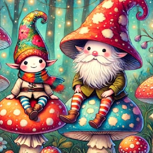 Gnomes sur les champignons Papier de riz pour découpage Artisanat Scrapbooking Collage Ephemera Junk Journal 1 A4 taille standard Nouvelle collection Gnome