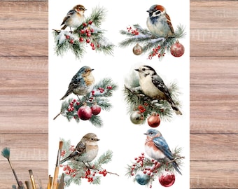 Christmas Songbird Rice Paper for Decoupage – Snowy Fir, Red Berries & Vintage Ornaments, Craft Sheet, 5363