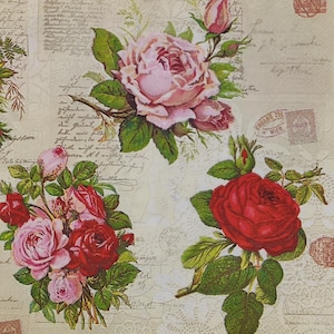 Carte Postage Vintage Roses Decoupage Paper Napkins Crafting Paper. 4 Individual Lunch Paper Napkins Serviettes Beautiful Roses On Cream New