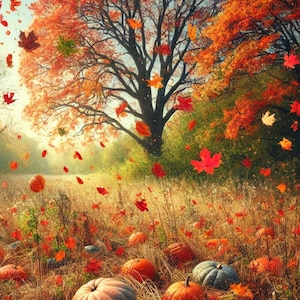 Paisaje otoñal con calabazas, papel de arroz para decoupage, papel para diario artístico, efímera para álbumes de recortes, hermoso árbol otoñal, papel tamaño A4