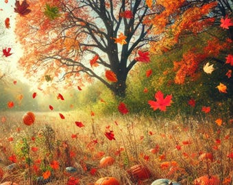 May include: A field of pumpkins in a fall setting with a large tree in the background. The leaves on the tree are changing colors and falling to the ground. The pumpkins are various sizes and colors, including orange, white, and green.