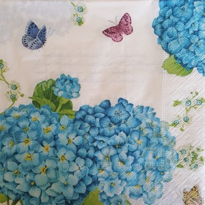 Servilletas de papel con hortensias azules: decoupage, collage y manualidades (4 servilletas para almuerzo)