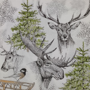 Solo 2 servilletas de papel únicas para manualidades con decoupage, collage, diario, manualidades, efímeras, arte con decoupage: servilletas navideñas de ciervo y alce