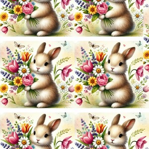 Reispapier für Decoupage, Osterhase mit Blumenstrauß, A4 Frühling Decoupage Papier, Pastell Aquarell Kaninchen mit Blumen