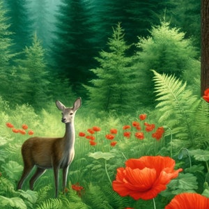 Papel de arroz para decoupage, manualidades, álbumes de recortes, collage - Hermosos ciervos en el bosque, amapolas rojas - Fabricación de tarjetas decorativas de papel de morera 1 A4