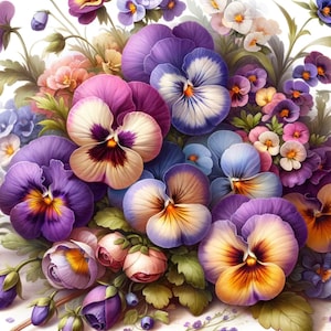 Ramo de pensamientos morados - Papel de arroz decorativo - Manualidades con decoupage - Scrapbooking - Tarjetas - Diseño floral - Hoja A4 - Primavera