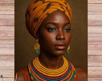 Puede incluir: Retrato de una persona con un turbante amarillo mostaza con detalles en negro, pendientes dorados con cuentas turquesas y un collar de cuentas multicolor. La persona tiene un piercing en la nariz y lleva una camiseta naranja.
