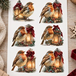 May include: A sheet of six decorative stickers featuring illustrations of European robins with orange-red breasts, each perched beside a vintage-style lantern adorned with a deep red velvet bow, pine branches, and small pinecones on a white background.