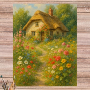 Diseño de papel de arroz de una casa rural, idílica casa rural con un jardín florido para decoupage, papel floral serenidad, n.° 4618