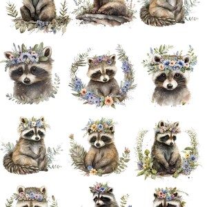 Entzückender Baby Waschbär im Blumenkranz auf Premium Reispapier, Bezauberndes Baby Waschbär Decoupage Papier, Waldtier Motiv, Nr. 4354