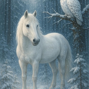 Papel de arroz para decoupage, Majestuoso caballo blanco y búho nival en un bosque invernal, Bosque nevado apacible, Bosque mágico, n.° 4449
