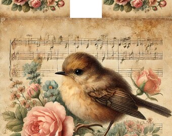 Red Robin Roses Rice Paper: Vintage Music Decoupage (A4)