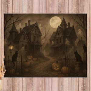 Gothic Haunted Village Rice Paper: Sepia Halloween Decoupage (A4 Sheet)