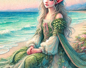 妖精の海辺のライスペーパー（デコパージュ用） - A4サイズ クラフトペーパー
