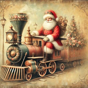 Papel de arroz con diseño de conductor de tren de Papá Noel, papel de decoupage con locomotora de Papá Noel, papel para manualidades de trenes navideños, motivo de ingeniero de Papá Noel