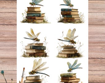 Dragonfly & Books Rice Paper – Whimsical Nature Design with Vintage Stack – Fantasy Decoupage and Craft Supplies, 4989