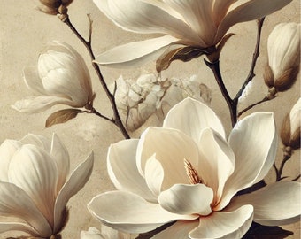May include: A botanical illustration of cream-colored magnolia flowers in various stages of bloom, featuring large, soft petals and dark brown stems. The composition includes several open blossoms and closed buds set against a textured beige background.