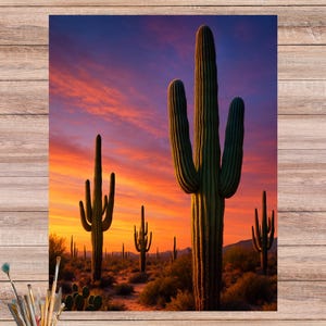 Papel de arroz fotorrealista de cactus para decoupage. Atardecer en el desierto impreso en papel decoupage. Espectacular escena del desierto. N.° 4619.