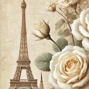 Pariser Rosen und Eiffelturm Reispapier, romantisches Paris Decoupage Papier, französisches Shabby Chic Bastelpapier, Bastelpapier zum Verschönern von Möbeln