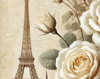 Paris Eiffel Tower Roses Rice Paper: Shabby Chic Decoupage Supplies