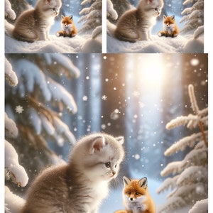 Chaton et renard dans la forêt enneigée - Papier de riz pour découpage artisanat Scrapbooking Collage - Journal de bords de mer mixtes éphémères - 1 A4 standard