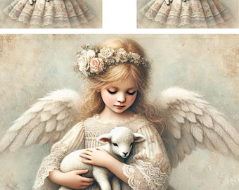 May include: A young angel with white wings and a floral crown holds a white lamb in her arms. The angel is wearing a white dress with lace trim and floral accents. The background is a soft, muted beige.