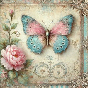 Papel de Arroz para Decoupage, Mariposa y Flor Pastel, Papel de Arroz Estilo Shabby Chic, 1 Hoja Individual A4, Cardmaking, Proyecto DIY, DECOUPAGE