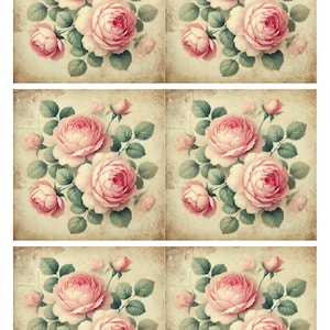 Collage floral de rosas rosadas en estilo shabby chic, tamaño A4, papel de arroz decorativo para decoupage, diario artístico, decoupage USA, papel para manualidades