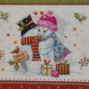 Servilleta de papel decorativa Mr & Mrs Snowman para decoupage Scrapbooking Collage Journal Ephemera. 4 servilletas individuales de papel para el almuerzo.
