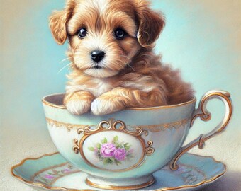 Cachorro en taza de té. Papel de arroz: Hoja A4 para decoupage.