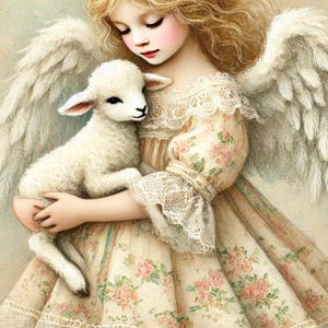 Belle fille ange tenant du papier de riz à l'agneau, papier de découpage pour portrait d'ange, impression de découpage shabby chic, papier artisanal A4, n° 4265