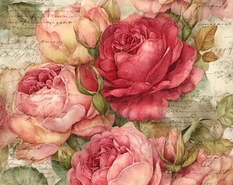 May include: Watercolor painting of roses in shades of pink and red, with green leaves and buds. The background features faded script and a vintage aesthetic. The roses are in full bloom, with detailed petals.