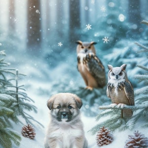 Hiboux et petit chien dans la forêt enneigée - Papier de riz décoratif pour découpage Artisanat Scrapbooking Collage Multimédia Junk Journal 1 A4