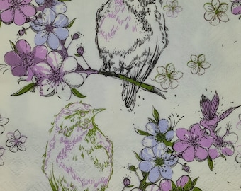 Painted Birds Paper Napkins: Spring Floral Decoupage, Collage (Set of 4)