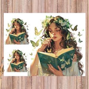Hermoso libro de hadas del bosque leyendo papel de arroz, Impresión artística de ninfa del bosque mágico A4, Papel artesanal encantado, Hada de los libros, N.° 4571