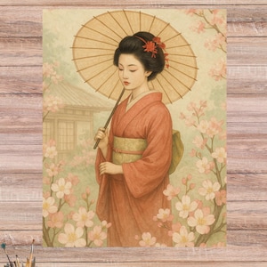 日本の芸者ライスペーパー、アジアをテーマにしたデコパージュペーパー、日傘をさした東洋の女性のクラフトプリント、桜のジャーナリング、No.4566
