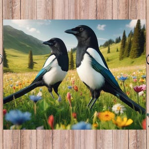 Dos urracas sobre papel de arroz de pradera, papel de decoupage con escena de urracas en la naturaleza, paisaje de papel artesanal A4, idea de regalo para amantes de las aves