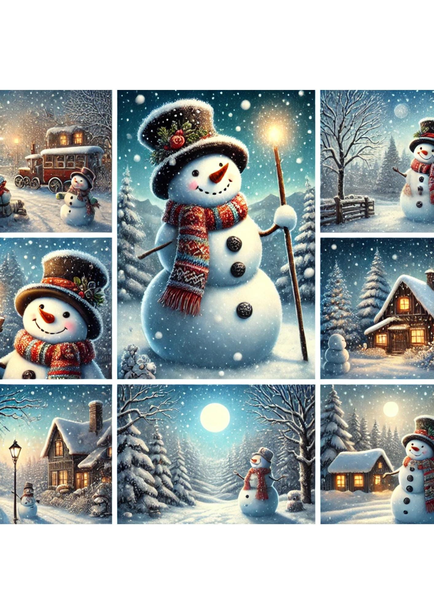 雪だるまの風景が描かれたライスペーパー：クリスマスデコパージュ