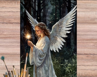 May include: A watercolor painting of an angel with large white wings, holding a sparkler in a forest setting. The angel wears a white gown and a floral crown. Paintbrushes and scissors are in the foreground.