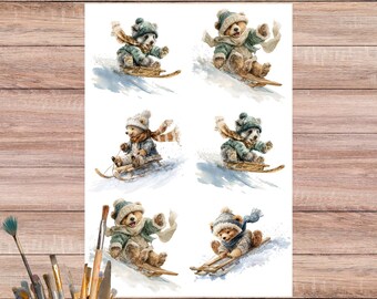 そりに乗るクマのライスペーパー（デコパージュ用） - 雪の丘の上の