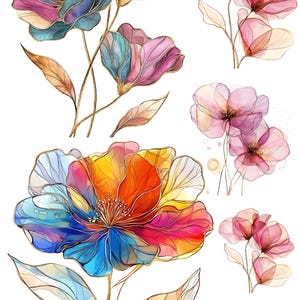 Papel de arroz A4 con flores abstractas etéreas para decoupage, papel artesanal con flores de acuarela de colores, diseño floral abstracto para manualidades y fabricación de tarjetas
