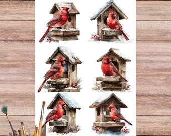 Reispapier für Decoupage - Decoupage - Roter Kardinal am Vogelhäuschen, Winter Cottage Weihnachtsdeko, Kraftpapier, 5636