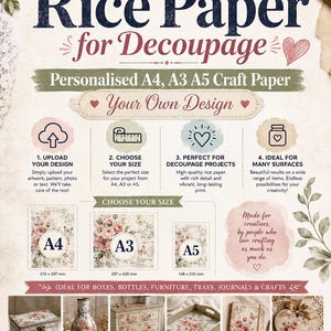 May include: Custom rice paper for decoupage featuring text and graphics. Includes instructions for uploading designs, choosing A4, A3, or A5 sizes, and examples of decorated boxes, bottles, furniture, trays, journals, and crafts with floral patterns.