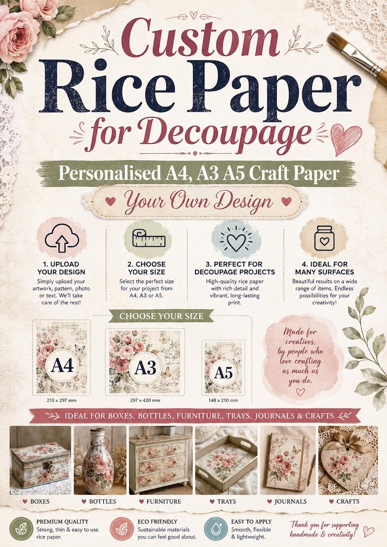 May include: Custom rice paper for decoupage featuring text and graphics. Includes instructions for uploading designs, choosing A4, A3, or A5 sizes, and examples of decorated boxes, bottles, furniture, trays, journals, and crafts with floral patterns.