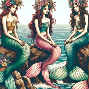 Mermaids Rice Paper for Decoupage: Vintage Ephemera A4 Sheet