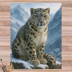 Léopard des neiges sur papier de riz de falaise rocheuse, papier de découpage de prédateur alpin mystique, motif léopard des montagnes, scène sur le thème de l'hiver n° 4616